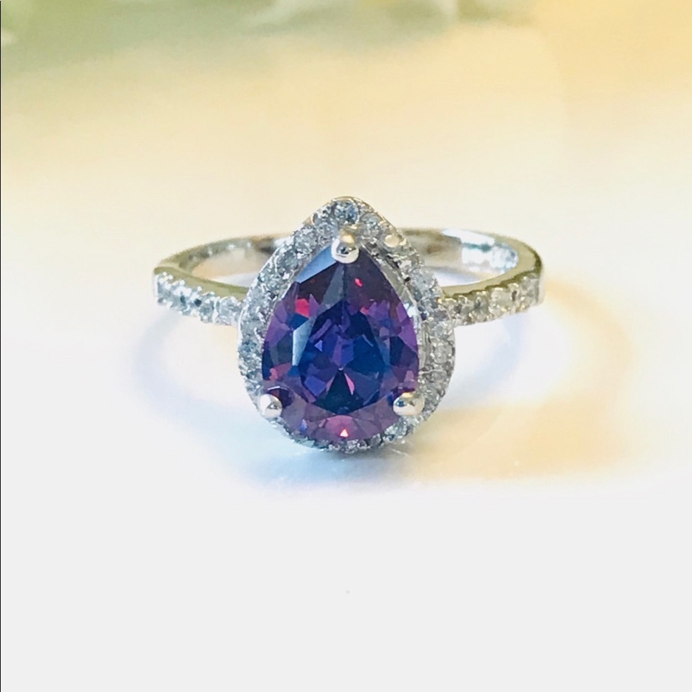 Teardrop Amethyst CZ Sterling Silver Ring